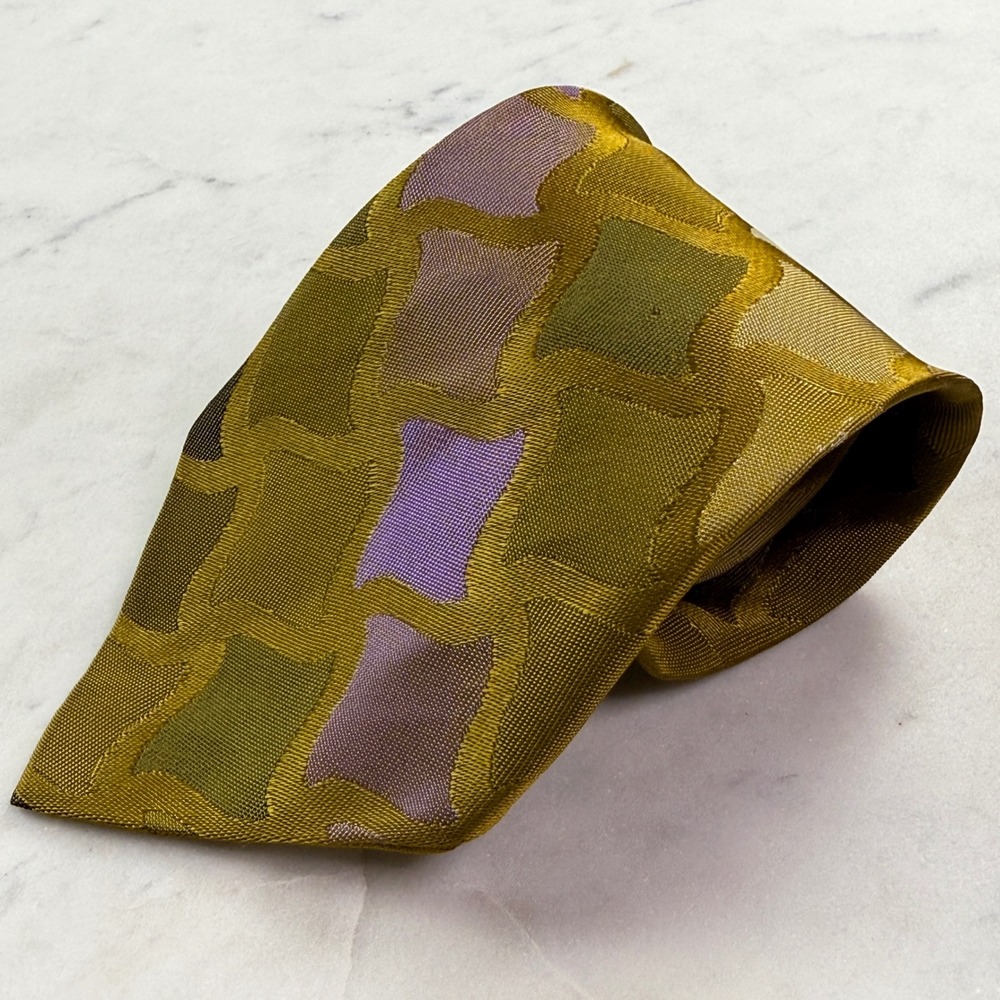 Rhodia Necktie Mens OS Olive Gold Purple Geometric Woven Italy Retro Vintage 70s